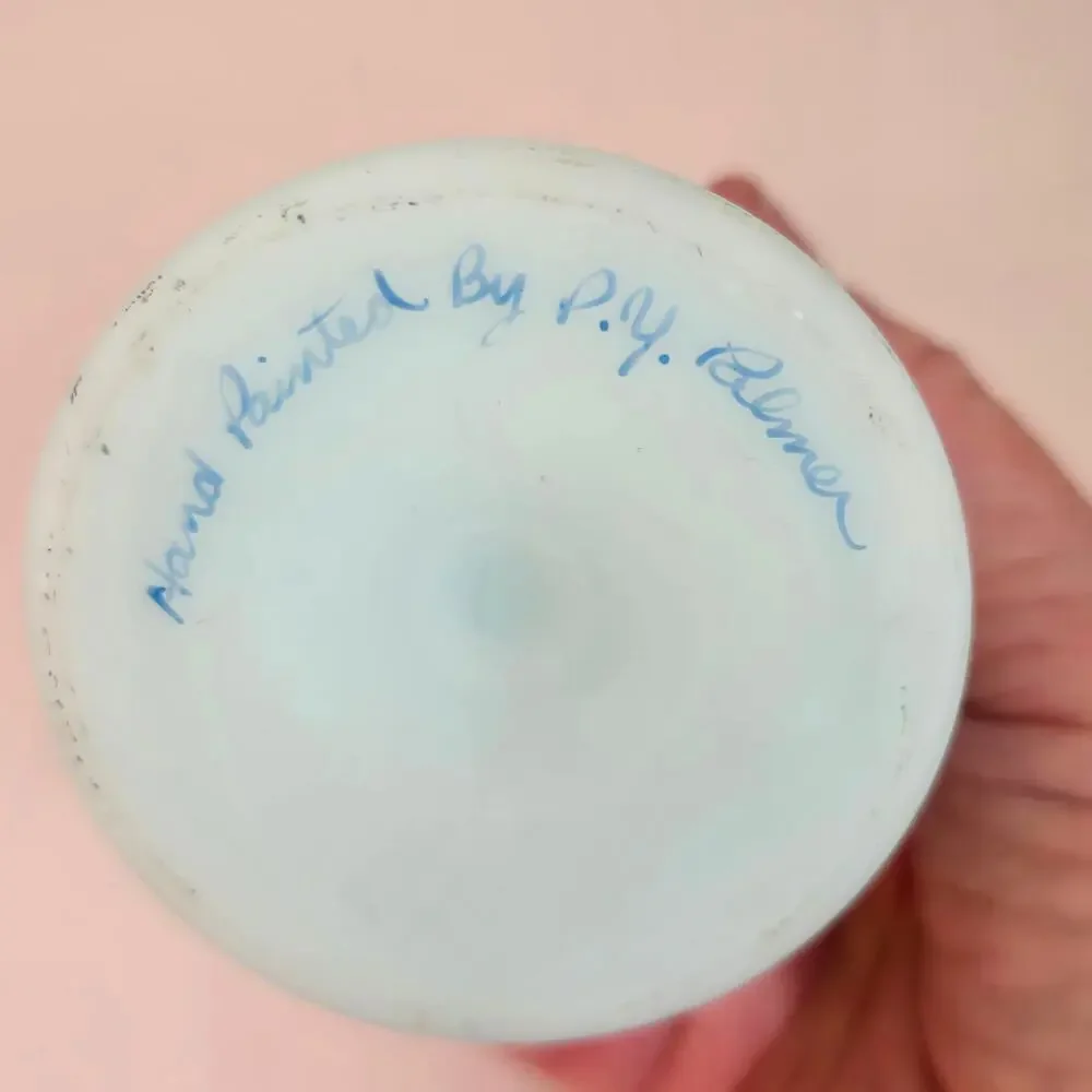 Vintage Fenton Bud Vase Blue Roses Hand Painted Satin Glass Artist Signed MCM